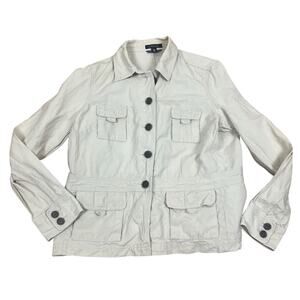 Vtg Lands End Linen Blend Jacket Womens Petite Sz S-M Safari Cargo Utility Tan
